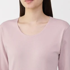 Muji Camiseta de manga larga con cuello en U de algodón grueso y cálido para mujer