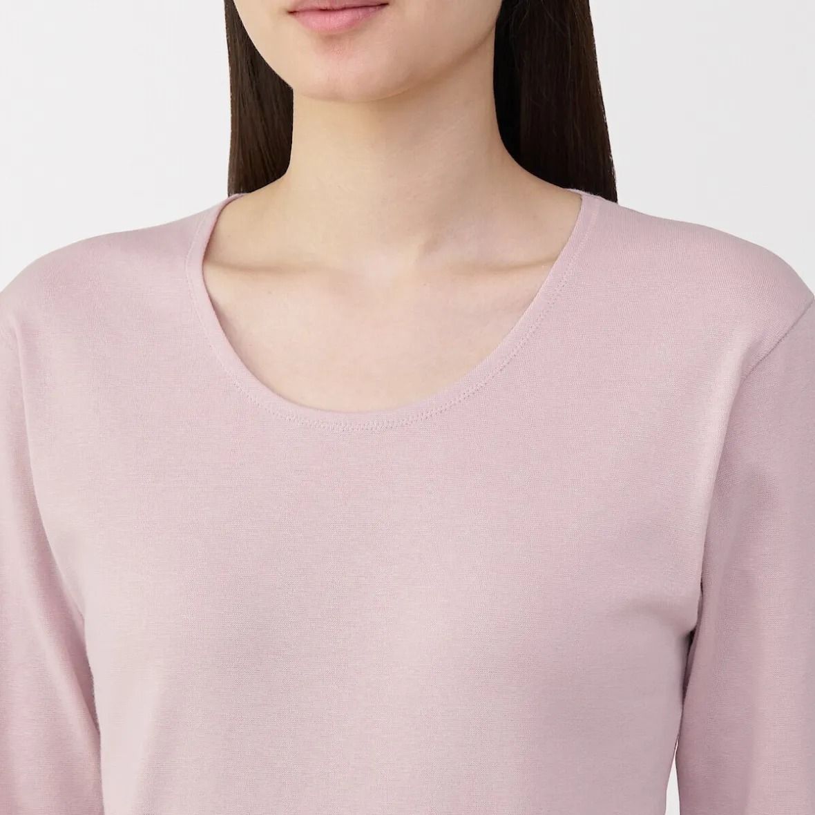 Muji Camiseta de manga larga con cuello en U de algodón grueso y cálido para mujer
