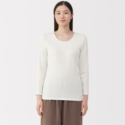Muji Camiseta de manga larga con cuello en U de algodón grueso y cálido para mujer