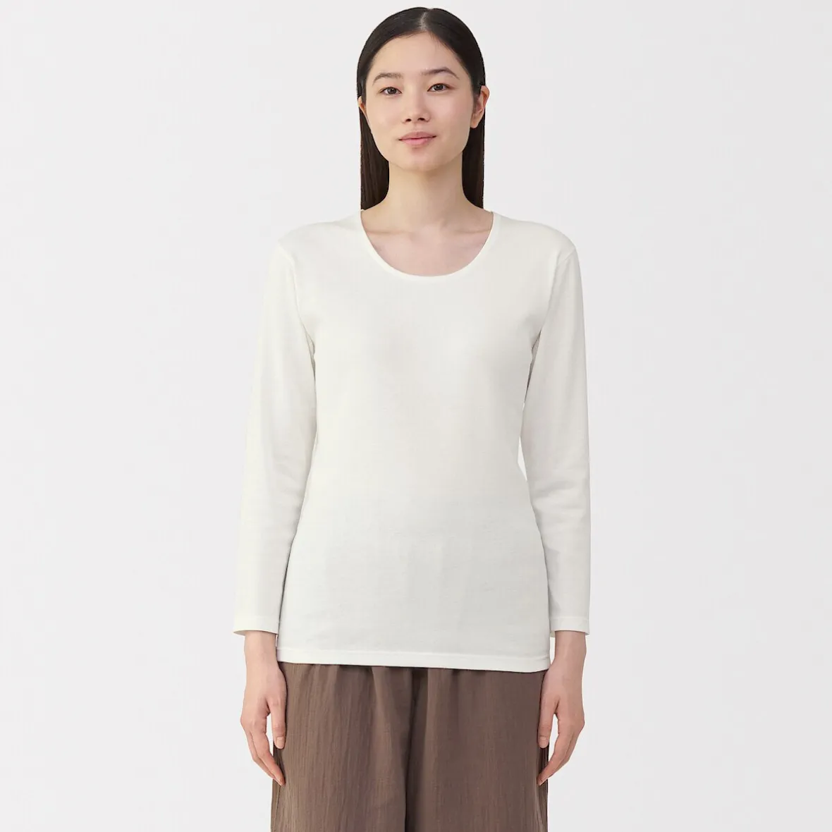 Muji Camiseta de manga larga con cuello en U de algodón grueso y cálido para mujer