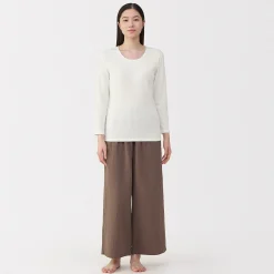 Muji Camiseta de manga larga con cuello en U de algodón grueso y cálido para mujer