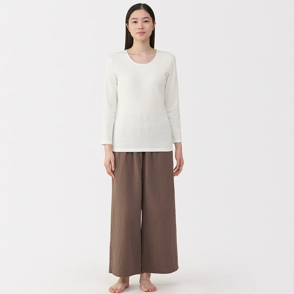 Muji Camiseta de manga larga con cuello en U de algodón grueso y cálido para mujer