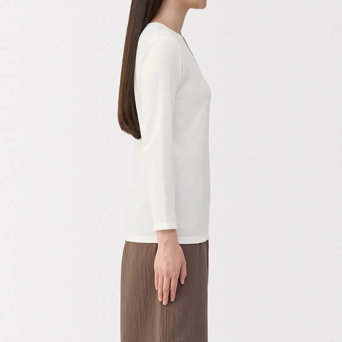 Muji Camiseta de manga larga con cuello en U de algodón grueso y cálido para mujer