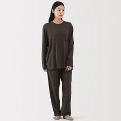 Online Muji Camiseta de manga larga de algodón liso unisex Marrón Oscuro