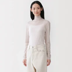 Muji Camiseta de manga larga transparente con cuello alto en mezcla de lyocell para mujer