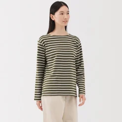 Hot Muji Camiseta de manga larga y cuello ancho de algodón grueso para mujer