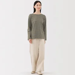Hot Muji Camiseta de manga larga y cuello ancho de algodón grueso para mujer