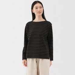 Hot Muji Camiseta de manga larga y cuello ancho de algodón grueso para mujer