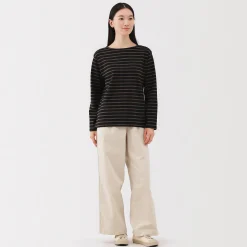Hot Muji Camiseta de manga larga y cuello ancho de algodón grueso para mujer