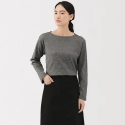 Hot Muji Camiseta de manga larga y cuello ancho de algodón grueso para mujer
