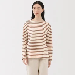 Hot Muji Camiseta de manga larga y cuello ancho de algodón grueso para mujer