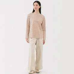 Hot Muji Camiseta de manga larga y cuello ancho de algodón grueso para mujer