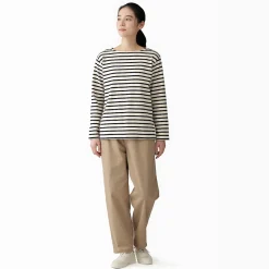 Best Muji Camiseta de manga larga y cuello ancho de algodón grueso para mujer