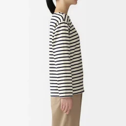 Best Muji Camiseta de manga larga y cuello ancho de algodón grueso para mujer