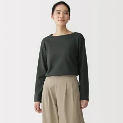 Best Muji Camiseta de manga larga y cuello ancho de algodón grueso para mujer