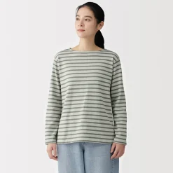 Best Muji Camiseta de manga larga y cuello ancho de algodón grueso para mujer