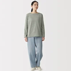 Best Muji Camiseta de manga larga y cuello ancho de algodón grueso para mujer