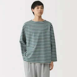 Outlet Muji Camiseta de manga larga y cuello ancho de algodón grueso lavado para hombre