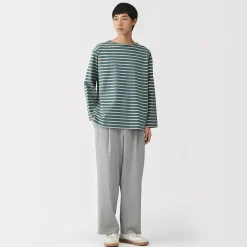 Outlet Muji Camiseta de manga larga y cuello ancho de algodón grueso lavado para hombre