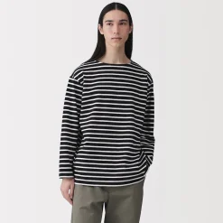 Outlet Muji Camiseta de manga larga y cuello ancho de algodón grueso lavado para hombre