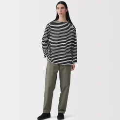 Outlet Muji Camiseta de manga larga y cuello ancho de algodón grueso lavado para hombre