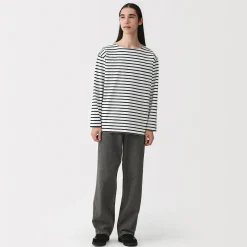 Outlet Muji Camiseta de manga larga y cuello ancho de algodón grueso lavado para hombre