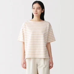 Discount Muji Camiseta de media manga, algodón grueso y cuello barco para mujer