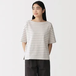 Discount Muji Camiseta de media manga, algodón grueso y cuello barco para mujer