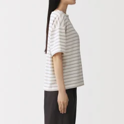 Discount Muji Camiseta de media manga, algodón grueso y cuello barco para mujer