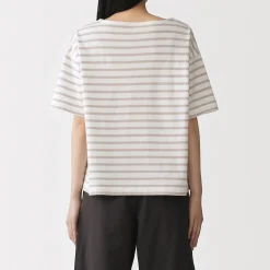 Discount Muji Camiseta de media manga, algodón grueso y cuello barco para mujer