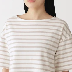 Discount Muji Camiseta de media manga, algodón grueso y cuello barco para mujer