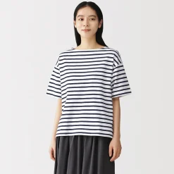 Discount Muji Camiseta de media manga, algodón grueso y cuello barco para mujer