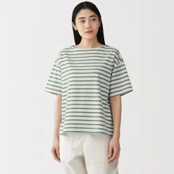 Discount Muji Camiseta de media manga, algodón grueso y cuello barco para mujer