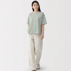 Discount Muji Camiseta de media manga, algodón grueso y cuello barco para mujer