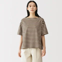 Discount Muji Camiseta de media manga, algodón grueso y cuello barco para mujer