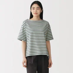 Discount Muji Camiseta de media manga, algodón grueso y cuello barco para mujer