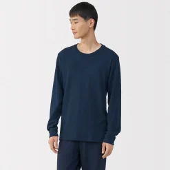 Muji Camiseta manga larga con cuello redondo de algodón cálido y lana para hombre