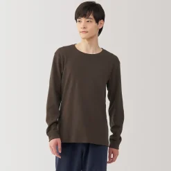 Muji Camiseta manga larga con cuello redondo de algodón cálido y lana para hombre