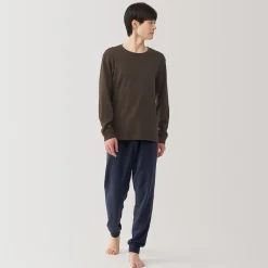 Muji Camiseta manga larga con cuello redondo de algodón cálido y lana para hombre