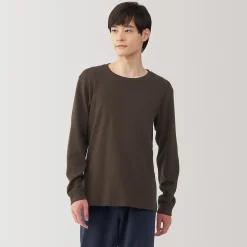 Muji Camiseta manga larga con cuello redondo de algodón cálido y lana para hombre