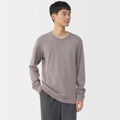 Muji Camiseta manga larga con cuello redondo de algodón cálido y lana para hombre