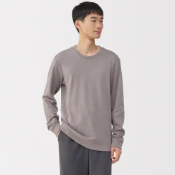 Muji Camiseta manga larga con cuello redondo de algodón cálido y lana para hombre