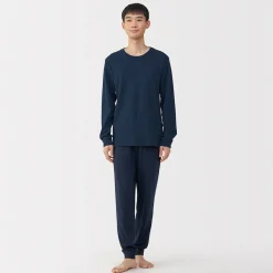 Muji Camiseta manga larga con cuello redondo de algodón cálido y lana para hombre