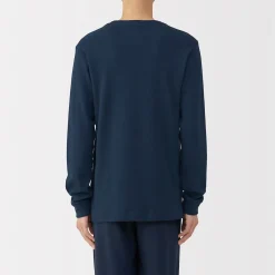 Muji Camiseta manga larga con cuello redondo de algodón cálido y lana para hombre