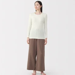 Sale Muji Camiseta manga larga con cuello en crew de algodón cálido para mujer