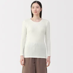Sale Muji Camiseta manga larga con cuello en crew de algodón cálido para mujer