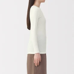Sale Muji Camiseta manga larga con cuello en crew de algodón cálido para mujer