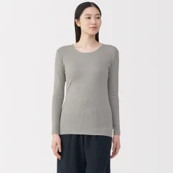 Sale Muji Camiseta manga larga con cuello en crew de algodón cálido para mujer