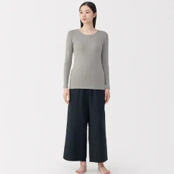 Sale Muji Camiseta manga larga con cuello en crew de algodón cálido para mujer