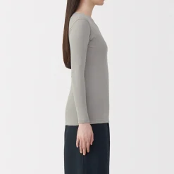 Sale Muji Camiseta manga larga con cuello en crew de algodón cálido para mujer